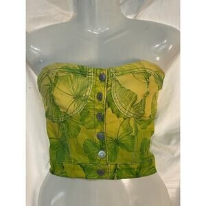 VBRT Vibrant Corset Top Shirt Women’s Size Small Green Yellow Butterflies Cotton